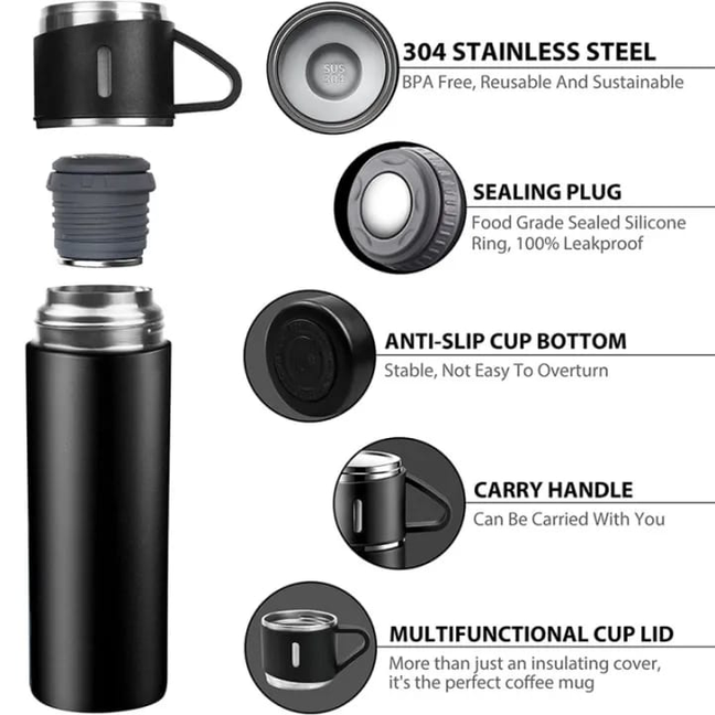 Stainless Steel Thermal Bottle with 3 Cups 500 ML Vacuum Insulated Bottle Tashm Store Tashm store